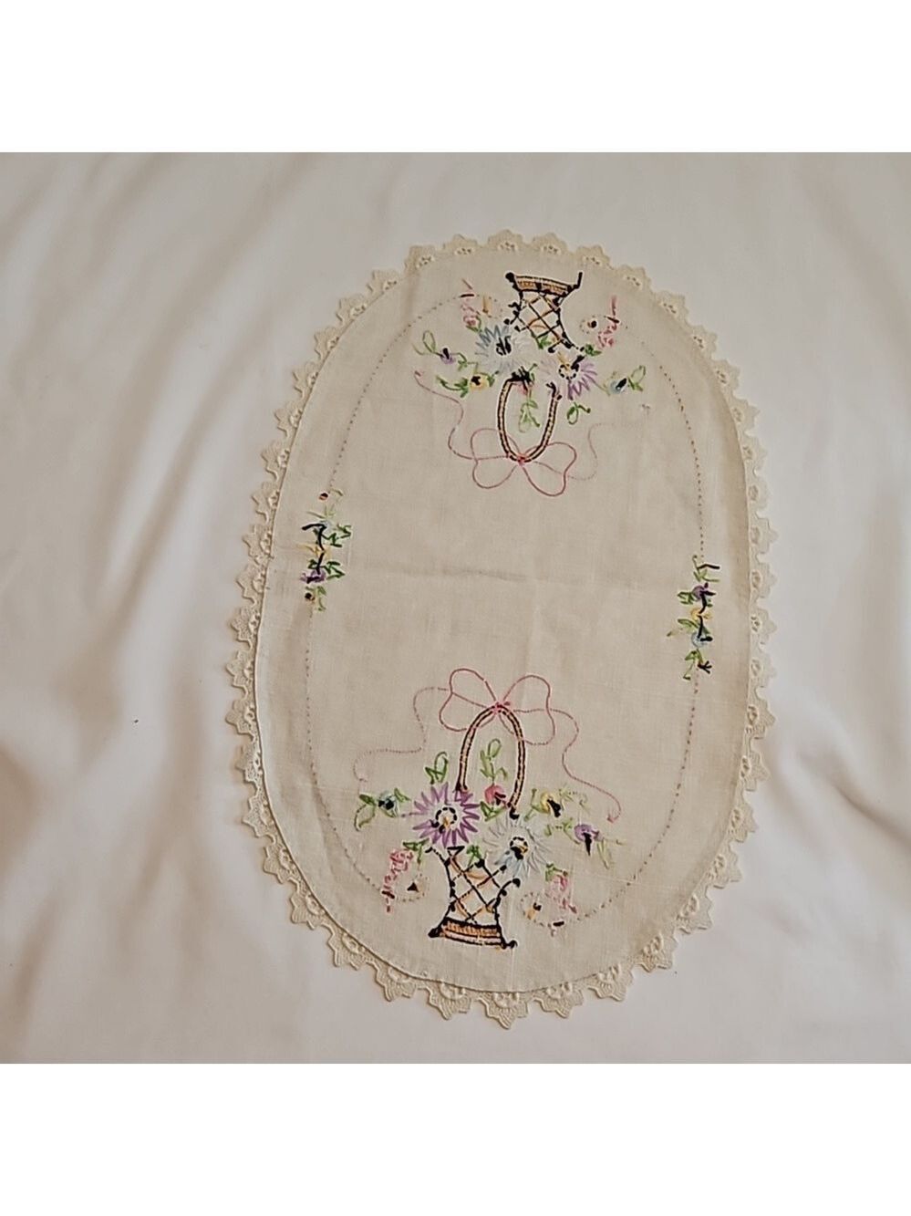 Vintage Hand Stitched Needlepoint Doily Oval Floral - Picture 10 of 17